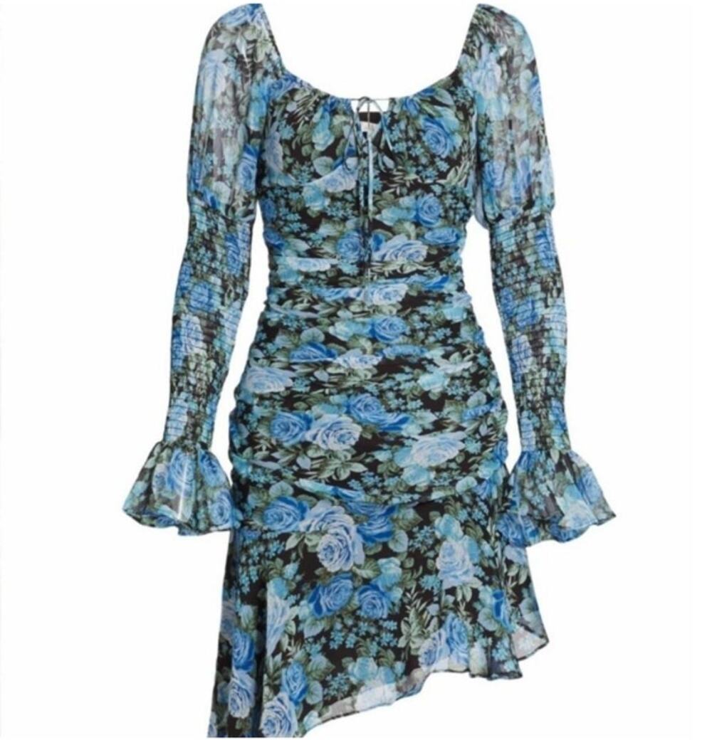Wayf NWT Rosie Floral Mini Dress XL Asymmetrical Long Puff Sleeves